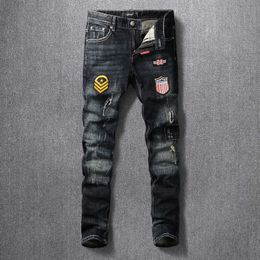 Fashion Streetwear Men Jeans Retro Black Blue Slim Fit Ripped for Patches Designer Elastic Cotton Hip Hop Denim Pants 0SCK