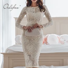 Summer Women White Lace Long Sleeve Embroidery Sexy Bodycon Elegant Slit Party Dress Large Size 210415