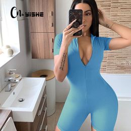 CNYISHE V-neck Zipper Rompers Women Jumpsuits Summer Solid Black Short Sleeve Stretchy Tracksuit Female Fitness Playsuits 210419