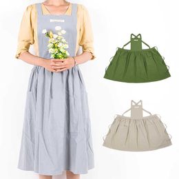WEEYI Women Ladies Apron Cotton Linen Dress Plain Casual aprons Garden Work Household dress Anti-dirty w/Loose Pockets 210622
