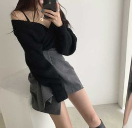 Solid Loose V Neck Puff Sleeve Black Sweater Cross Knitted Tops High Waist Bandage Irregular Skirt Fashion Sets All-match Autumn 210610