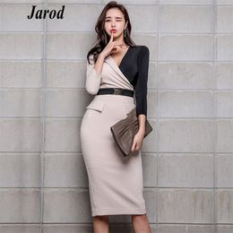 Korean Contrast Colour Patchwork Pencil Dress Women Spring Business OL es Fitted Sheath Vestidos 210519