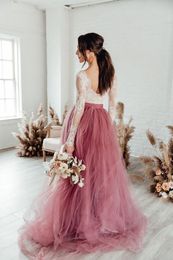 2021 Boho Wedding Dresses A Line Dusty Pink Elegant Lace Beach Bride Dresses Train Elegant Wedding Boho Bridal Gowns