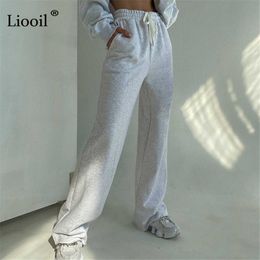 Liooil Black Gray Sexy High Waist Loose Wide Leg Sweat Pants With Pockets 2021 Streetwear Casual Baggy Joggers Female Sweatpants Q0801