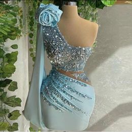Sparkly Light Sky Blue Short Prom Dresses Sexy One Shoulder Sequines Beaded Glitter Cocktail Party Gowns Custom Made Sheath Evening Dress Special Occasion Wear