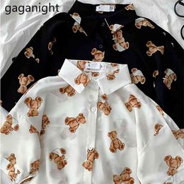 Summer Womens Shirts Black White Cartoon Bear Print Blouses Casual Short Sleeve Female Shirt Tops Blusas Mujer 210601