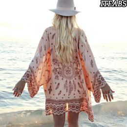 Women Floral Beach Cover Ups Casual Loose Shawl Vintage Kimono Cardigan Boho Chiffon Blouse Female Bikini Wear Swimsuit Sarongs