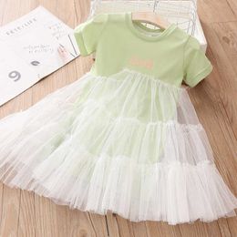 Summer Cute 2 3 4 6 8 10Years Child Solid Candy Colour Lace Patchwork Short Sleeve Mesh Layered Dress For Kids Baby Girl 210529