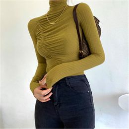 Autumn Pleated Brief Tops Full Sleeves Plus Size Female Turtleneck Solid Basic Women All Match T-Shirts 210421