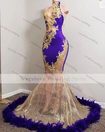 Sparkly Purple Mermaid Evening Dress High Neck Feather Beads Sexy Luxury Prom Gowns African Women Formal Party Gowns