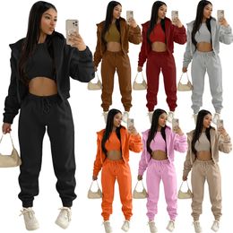 Women Joggers Tracksuits Fashion Thick Hooded Sweatsuit Thread Vest Fleece Straight Pants 3 Piece Sets Designer Female Knitted Rib Suits