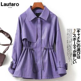 Lautaro Spring Casual Purple Faux Leather Streetwear Jacket Women Long Sleeve Drawstring Zipper Autumn Loose Korean Clothes 211007