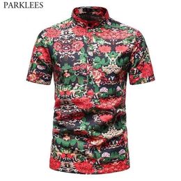 Summer Hawaiian Shirt Men Cotton Casual Floral Beach Shirts Mens Plus Size Tropical Aloha Shirts Holiday Vacation Clothing 210522