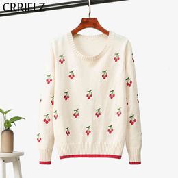 Autumn Winter Preppy Style Sweet Knitted Sweater Women O-neck Thick Cherry Embroidered Full Sleeve Pullovers CRRIFLZ 210520