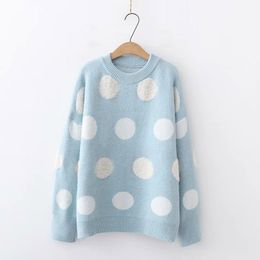 Women White Pink Blue Crew Neck Sweater Knitted Pullovers Polka Dot Loose Autumn Winter 3D M0128 210514