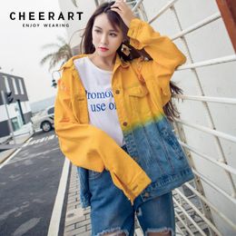 Gradient Ripped Jean Jacket Women Harajuku Distressed Denim And Coat Yellow Blue Loose Overcoat Fashion 210427