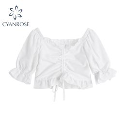 Women' Summer White Crop Blouses Draped Drawstring Lace-up Ruffle Vintage Design Shirt Sweet Short Sleeve Korean Slim Blusas Top 210515