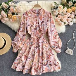 Spring Fashion Women Vintage Dress Korean Elegant Stand Collar Long Puff Sleeve Floral Print A-line Casual Short 210603