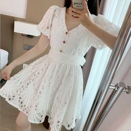 Runway Summer Lace Embroidery Dress Female Puff sleeve Hollow out Beading Chic Fashion Party 210529