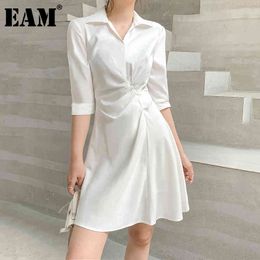 [EAM] Women White Irregular Shirt Dress Lapel Three-quarter Sleeve Loose Fit Fashion Spring Summer 1DD8612 21512