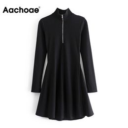 Aachoae Fashion Women Turtleneck Knitted Mini Long Sleeve Casual Black Dress Ladies A Line Zipper Decorate Chic Dresses 210413
