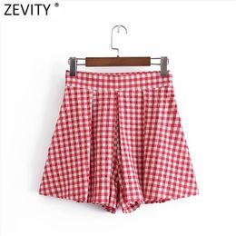 Zevity Women Fashion Red Plaid Print Pleated Bermuda Skirts Shorts Female Chic Side Zipper Casual Pantalone Cortos P1090 210724