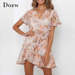 Boho Floral Print Mini Chiffon Dress V Neck Flare Short Sleeve Beach Dress Summer Bandage Ruffle A Line Dress Robe Femme 210414