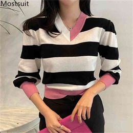 V-neck Striped Women Pullover Sweater Spring Full Sleeve Color-blocked Casual Fashion Korean Female Jumpers Tops Femme 210513
