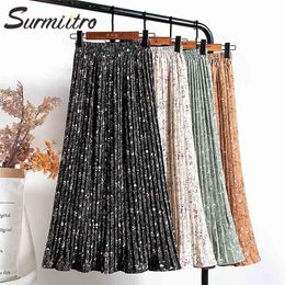 Spring Summer Women Korean Style Black White Floral Print Chiffon High Waist Sun School Midi Long Skirt Female 210421