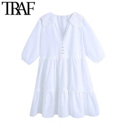 TRAF Women Sweet Fashion Cutwork Embroidery White Mini Dress Vintage Short Sleeve Ruffled Female Dresses Vestidos Mujer 210415