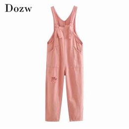 Solid Retro Holes Jumpsuit Women Summer Pink Colour Pockets Loose Jump Suit Lady Casual Long Length Jumpsuits Female 210414