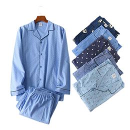 Winter simple 100% cotton Pyjamas sets men sleepwear plus size Japanese casual long-sleeve trousers pyjamas men 211110