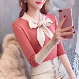Bow Sweet Sweater Women Spring And Autumn V-neck Pullover Stitching Long Sleeve Bottoming Shirt 210427