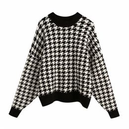 Women Houndstooth Knitting Loose Sweater Casual Femme O-Neck Long Sleeve Pullover High Street Lady Tops SW898 210812