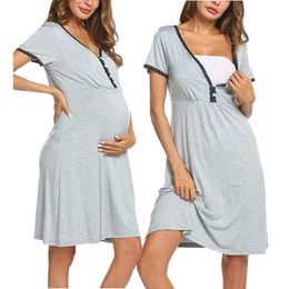 Size S XXL Lady Pregnancy Pajamas Women Maternity Short Sleeve Cute Print Nursing Nightdress Breastfeeding Dress Q0713