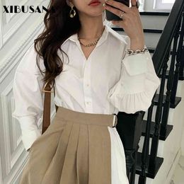 Stylish Women Turn-down Collar Irregular Shirt Dress Elegant Long Sleeve Female Pleated Spring 2 Pieces 210423