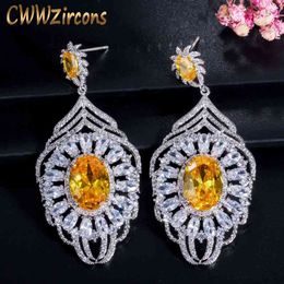 Oval Cut CZ Stones Long Feather Shape Dangle Designer Earrings For Women Luxury Party Wedding Jewellery Gift CZ350 210714