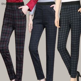 2020 Spring Autumn Middl Aged Women Lattice Elastic Waist Casual Straight Pants Female Trousers Plus Size 4XL Clothing Pantalon Q0801