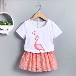 Girls Clothes Sets For Kids Cute Short Sleeve Print O Neck White T-shirt Hollow Out Skirts Summer 210629