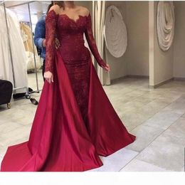 2021 Designer Burgundy Evening Dresses with Overskirt Lace Applique Long Sleeves Beaded Mermaid Custom Made Prom Party Gown Formal Occasion Wear vestido