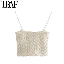 TRAF Women Fashion Cable-knit Cropped Knit Tank Tops Vintage With Lining Thin Straps Female Camis Mujer 210415