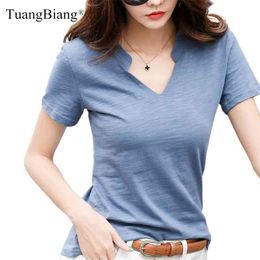 Short Sleeve Bamboo Cotton Women V-Neck T-Shirts Loose Casual Solid Color Brand T Shirt Ladies Summer Spring All-Match Tops 210623