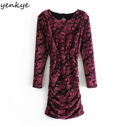 Sexy Backless Floral Rose Dress Women Round Neck Long Sleeve Draped Bodycon Mini Fashion Party Club Vestido 210514