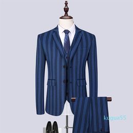 Men's Suits & Blazers (Blazer+Vest+Trousers) Classic Bule Striped Suit Male Business Coats Host Performance Dress Groom's Wedding For Men