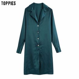 Women Satin Shirt Dress Button Long Sleeve Midi Turn Down Collar Fashion Clothing 210421