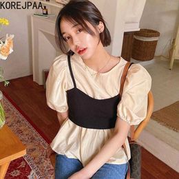 Korejpaa Women Blouses Summer Korean Round Collar Micro-bubble Bubble Sleeve Shirt and Simple Sling Knitted Vest Suit Top 210526