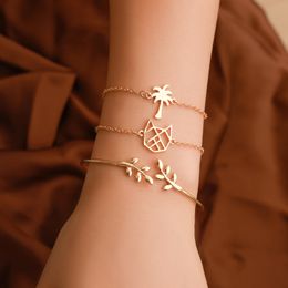 Hollow Cat Coconut Tree Leaf 3-Piece Bracelet Cute Fashion Folk-cutom Bangle&Bracelet Gold/Silver Plated Girl Party Jewelry Gift