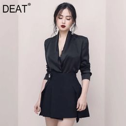 Spring And Autumn Solid Black Long Sleeve Suit Pleated Mini Skirt Korea Fashion Two Piece Set For Women GX1073 210421