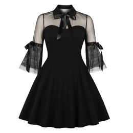 Casual Dresses French Mesh Patchwork Bow Midi Dress For Women Flare Sleeves Hepburn Vintage Famale Robe Gothic Party Vestido Chic Black