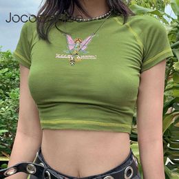 JOCOO Jolee Kadınlar Yaz Rahat Kelebek Grafik Ve Mektup Baskı Kırpma Y2K Vintage Grunge Stil Skinny Göbek T-Shirt 210619 Tops